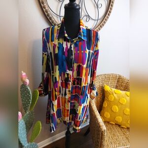 Multiples Multicolor Abstract Button-Down Shirt - Blue, Yellow, Pink, Black